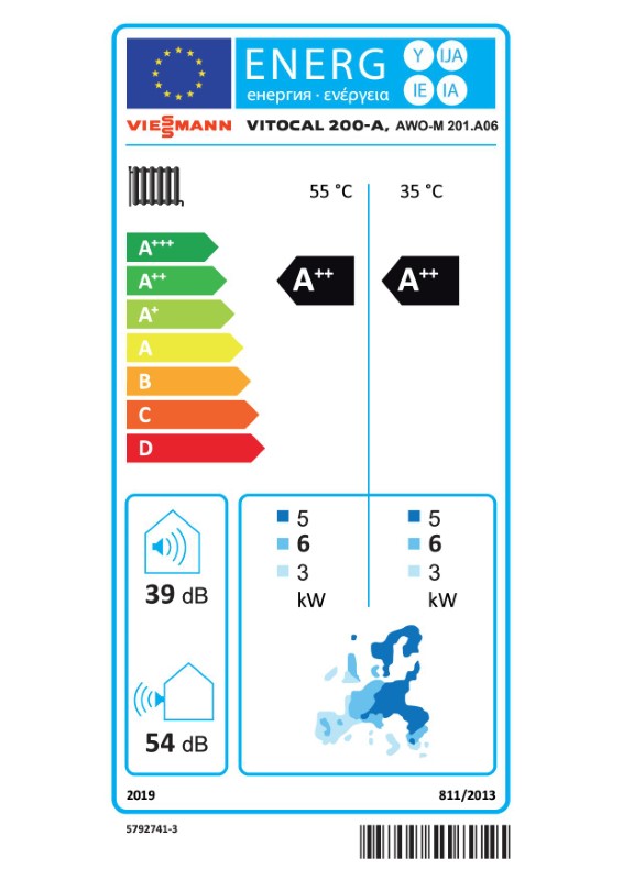 Tepelné čerpadlo Viessmann Vitocal 200-A (3,0 - 6,0kW) 230V AWO-M 201.A06 - energetický štítok