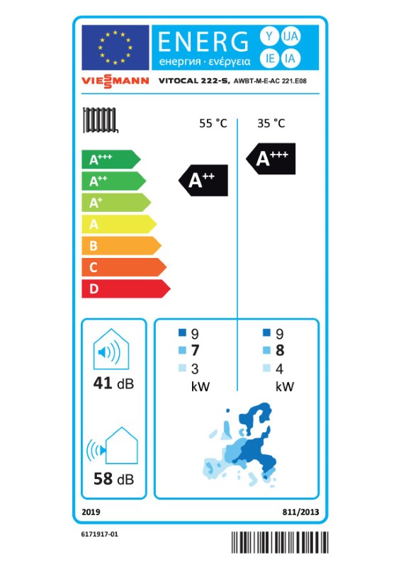 Tepelné čerpadlo Viessmann Vitocal 222-S (2,6 - 9,0kW) 230V AWBT-M-E AC AF 221 E08 - energetický štítok